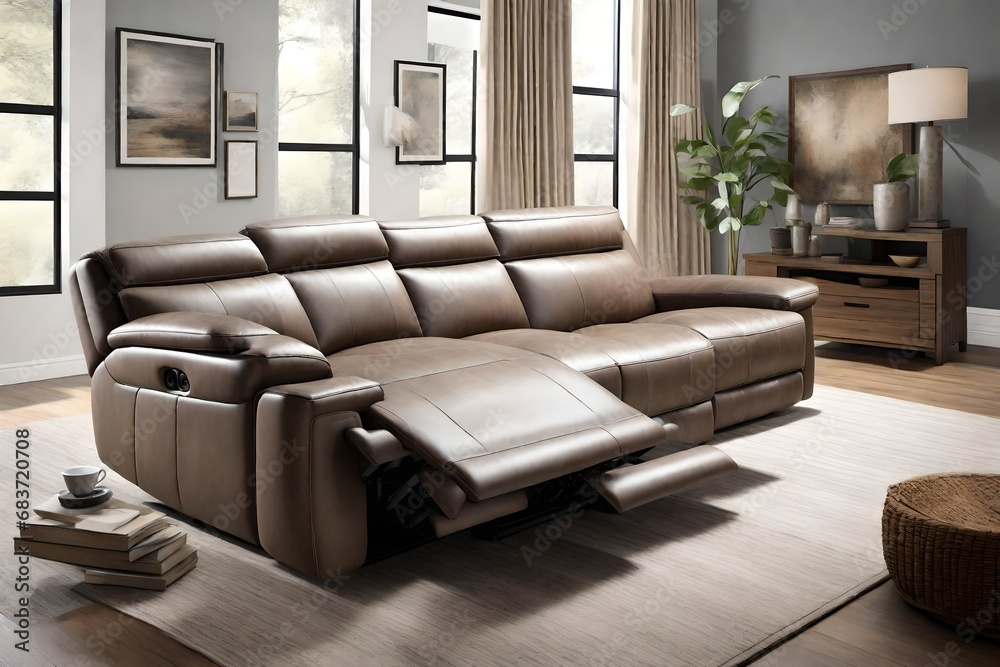 Fototapeta premium Craft a dynamic image of a Reclining Sofa in action, with its adjustable features. 