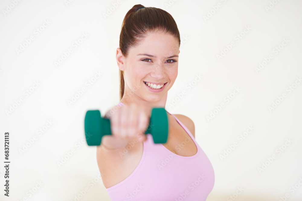 Portrait, dumbbell and woman with fitness, workout and exercise on a white studio background. Face, person and girl with equipment, progress and challenge with wellness, performance and training Portrait, dumbbell and woman with fitness, workout and exercise on a white studio background. Face, person and girl with equipment, progress and challenge with wellness, performance and training