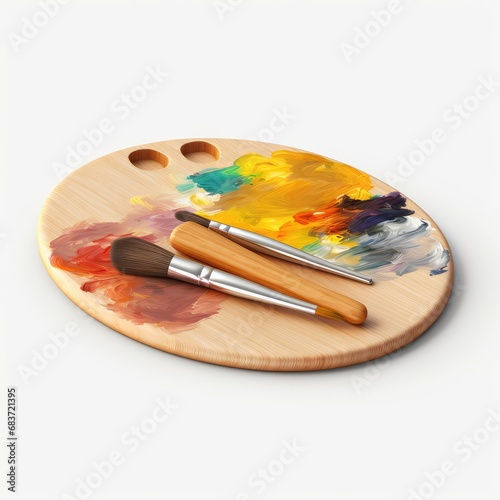 Wooden palette with watercolor paints and brushes isolated on white background