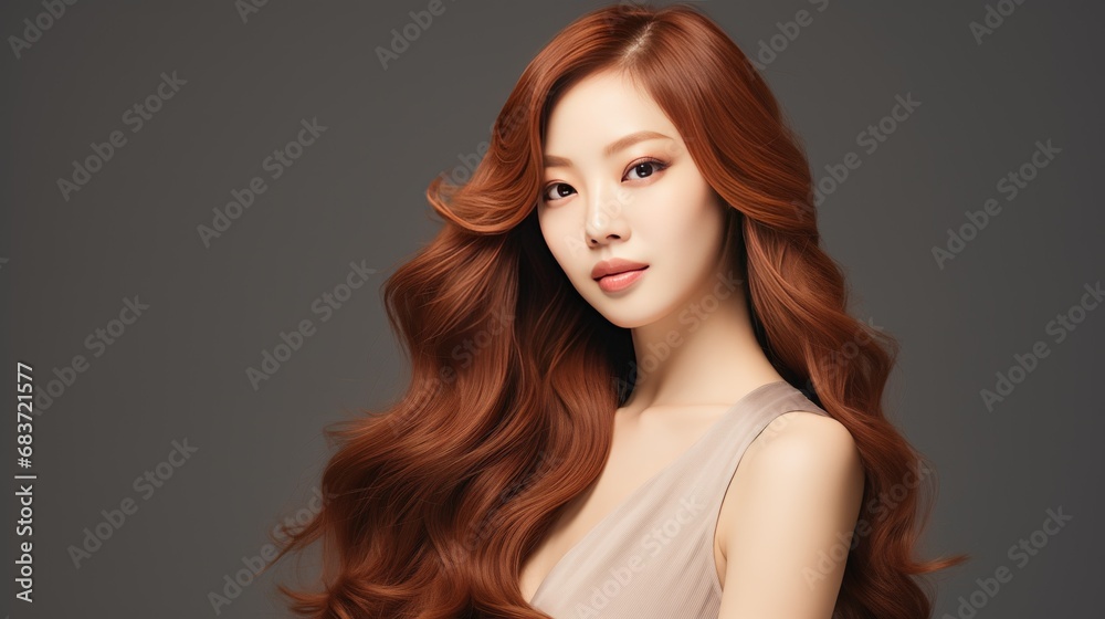 Asian woman with auburn locks, sleek and shiny, reflecting light. Serene expression, gentle smile, sparkling eyes, flawless skin, natural glow. Simple, elegant outfit. 