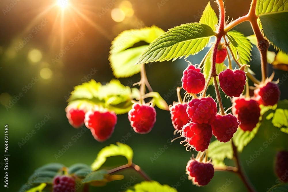Obraz premium Close up view, fresh raspberry on tree in garden, sun light also present. 