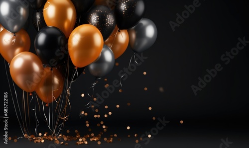 A sophisticated, festive birthday background with black balloons, gold confetti, and a dark gray backdrop. The hyper-realistic image features sharp focus and high resolution