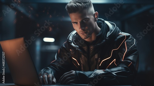 Futuristic man in a sharp-focus, hyper-realistic stock image with dynamic, computer-aided design. Depicting advanced technology, virtual reality, and artificial intelligence.