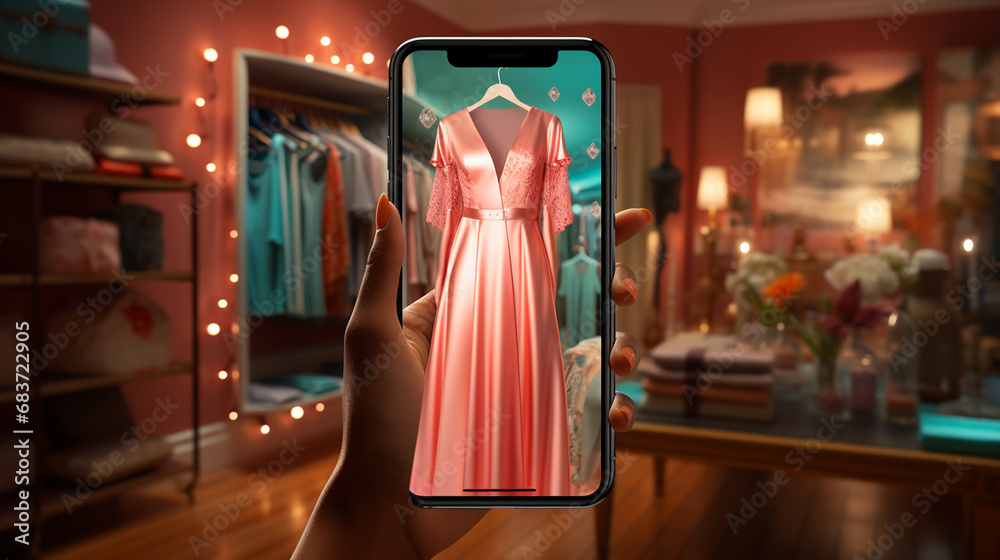 Female hand showing smartphone with online shopping clothes in screen. Female hand showing smartphone with online shopping clothes in screen.