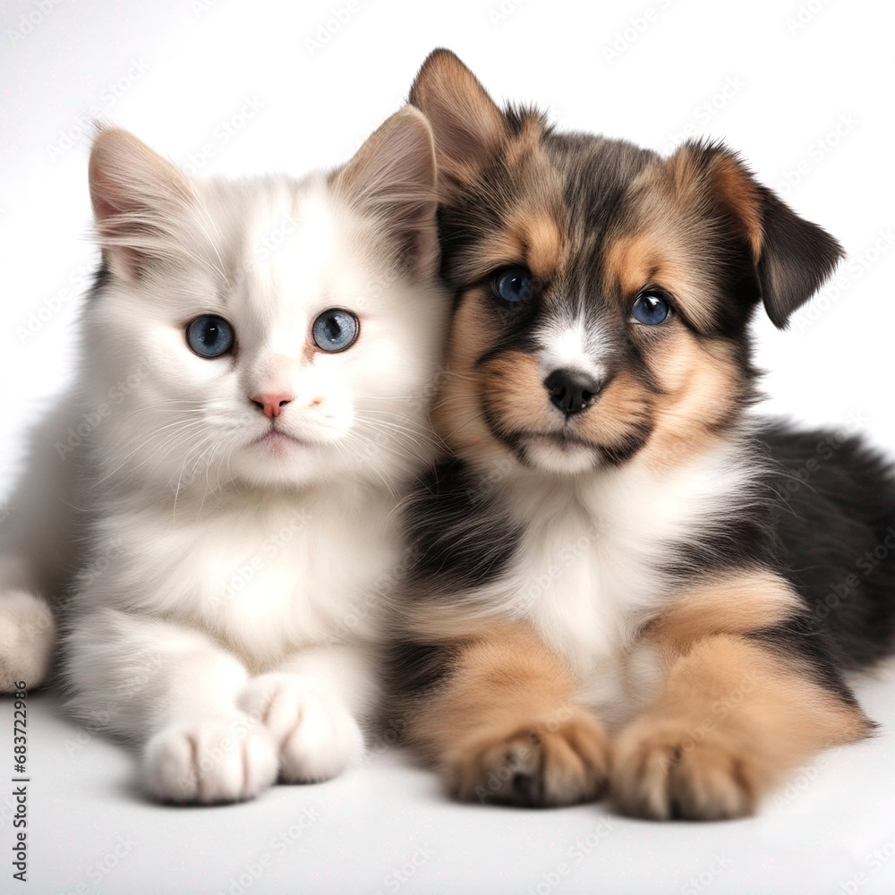 A kitten and a puppy are sitting together on a white background A kitten and a puppy are sitting together on a white background