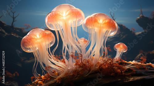 Colorful Glowing Tropical Jellyfish Group Swimming in The Sea Blurry Background © Image Lounge