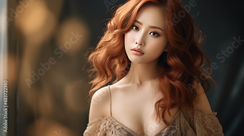 Young Asian woman with auburn locks, wearing a delicate lace blouse. Hyper-realistic, sharp-focus stock image. She gazes with a mysterious allure, captivating beauty