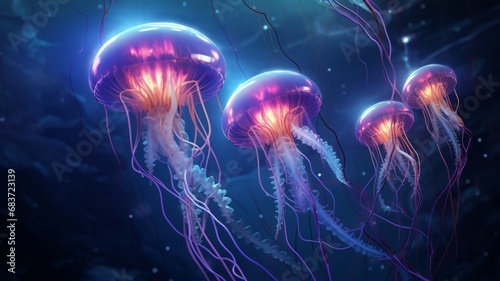 Glowing jelly fish in aquarium background.