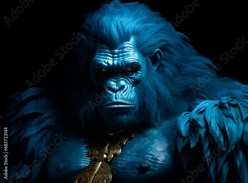 Gorilla warrior King in blue Feathers and fur, anger face, low light key, dramatic light, Serious face 