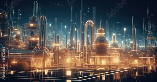 Futuristic manufacturing scene. Advanced technology, robotics, and holographic projections create a dreamlike atmosphere.