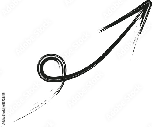 round curl with an arrow drawn with a brush with black ink, arrow curl by hand with a paint brush