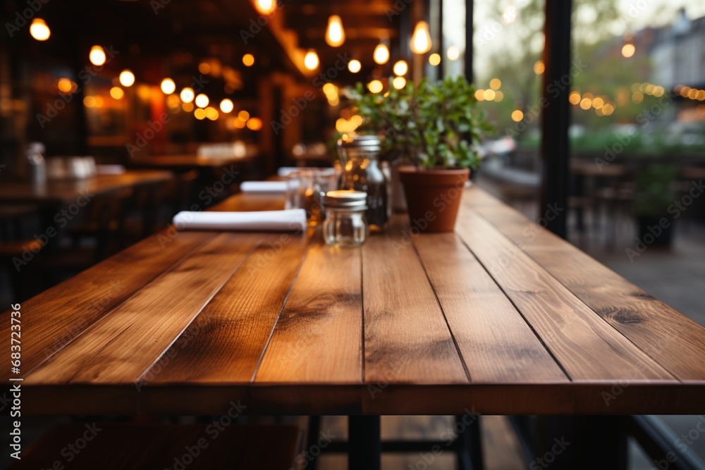wooden empty table against a blurred background with a light view. Generative in ai wooden empty table against a blurred background with a light view. Generative in ai