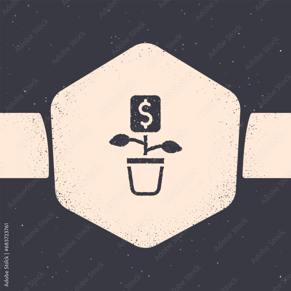 Grunge Dollar plant icon isolated on grey background. Business investment growth concept. Money savings and investment. Monochrome vintage drawing. Vector