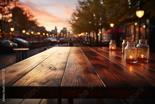 wooden empty table against a blurred background with a light view. Generative in ai