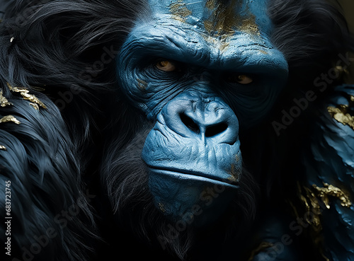 Gorilla warrior King in blue Feathers and fur, anger face, low light key, dramatic light, Serious face  © beshoy