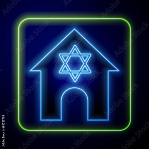 Glowing neon Jewish synagogue building or jewish temple icon isolated on blue background. Hebrew or judaism construction with David star. Vector