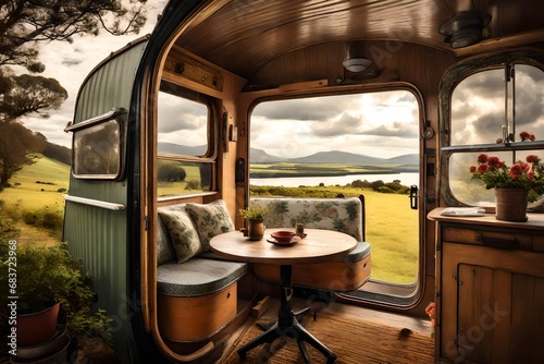 A vintage caravan back door with outdoor seating and a scenic view.  photo
