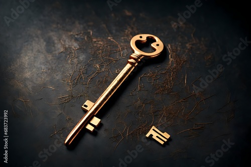 extreme cose up view , Vintage golden or copper skeleton key isolated on dark background.   © Imtisal