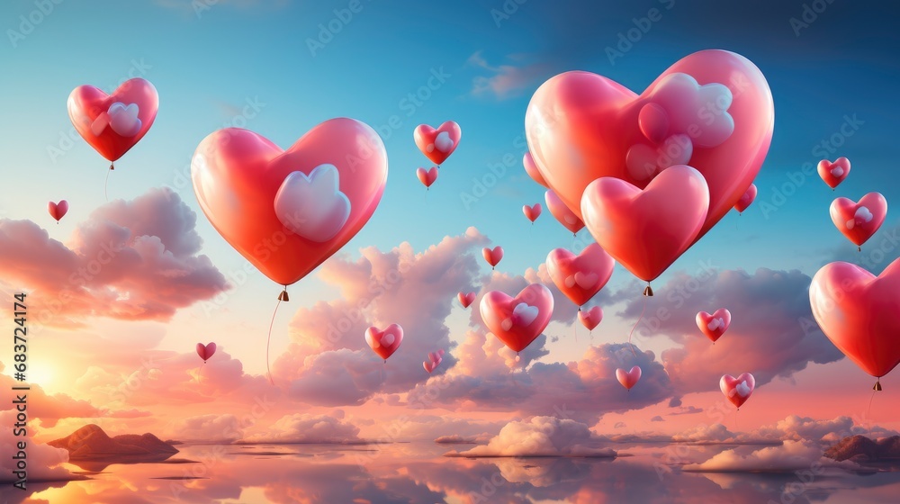 Romatic Hearts Flying Sky Background, Background Image, Desktop Wallpaper Backgrounds, HD