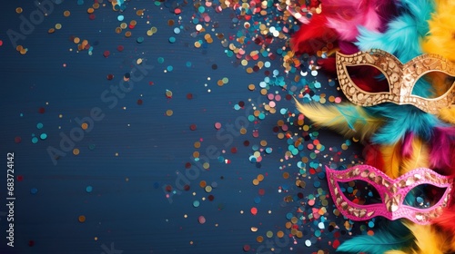 Vibrant background adorned with captivating carnival masks. photo