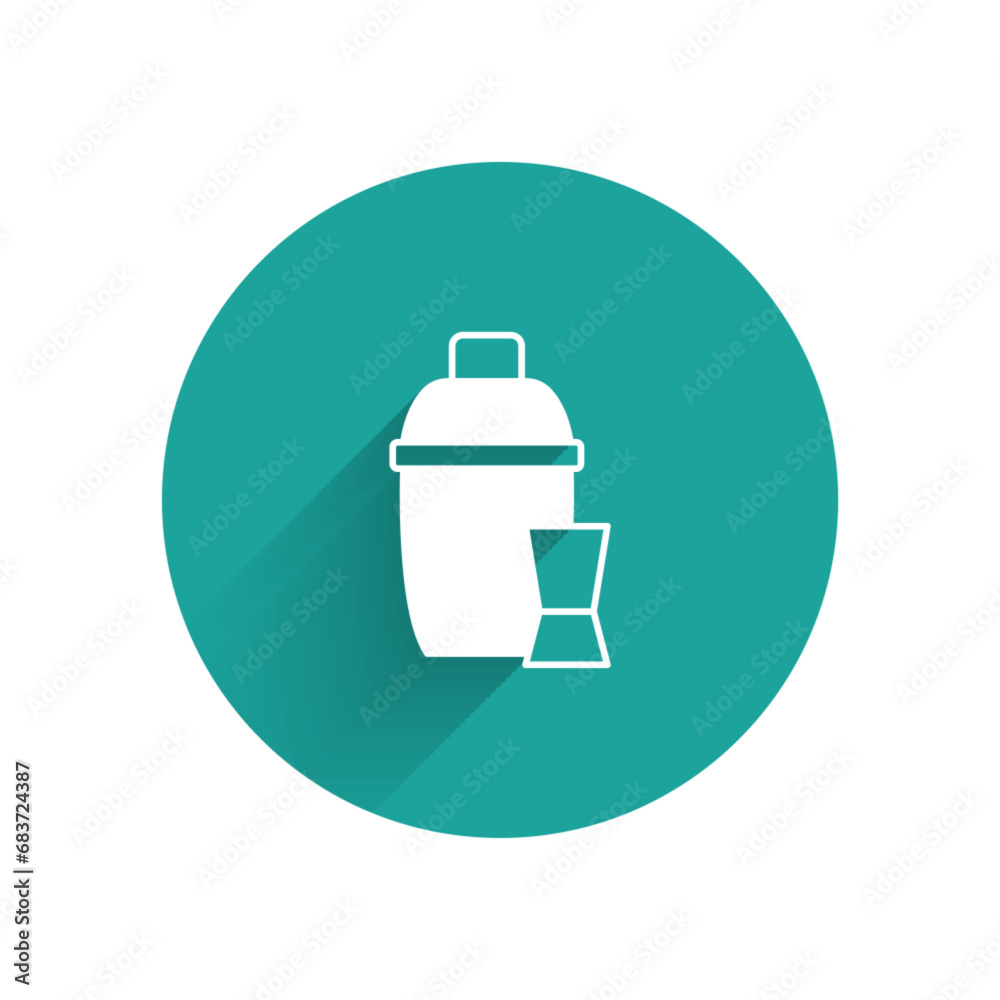 White Cocktail shaker with cocktail glass icon isolated with long shadow. Green circle button. Vector White Cocktail shaker with cocktail glass icon isolated with long shadow. Green circle button. Vector