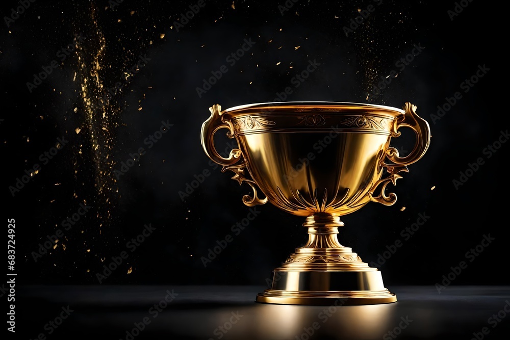 Champion Award gold cup against the black dramatic background. Champion Award gold cup against the black dramatic background.