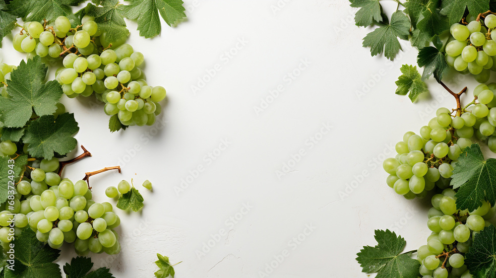 Top view of green grapes on a white background with copy space for text - obrazy, fototapety, plakaty 