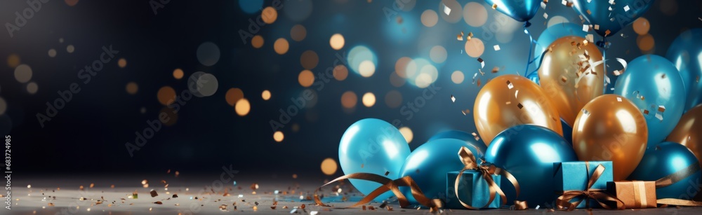 Celebration background with beautifully arranged blue and gold balloons ...