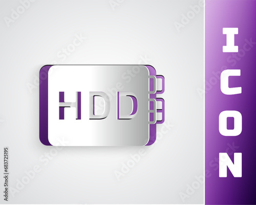 Paper cut Hard disk drive HDD icon isolated on grey background. Paper art style. Vector
