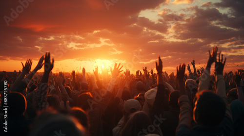 Raised human hand catching on sunset.