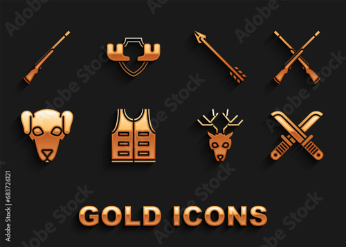Set Hunting jacket, Two crossed shotguns, Crossed hunter knife, Deer head with antlers, dog, Hipster arrow, and Moose horns on shield icon. Vector