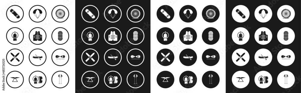 Set Bicycle wheel, Life jacket, Aqualung, Skateboard trick, Climber rope, Parachute, and Ski and sticks icon. Vector