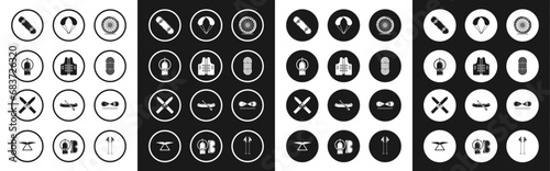 Set Bicycle wheel, Life jacket, Aqualung, Skateboard trick, Climber rope, Parachute, and Ski and sticks icon. Vector