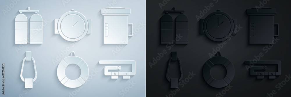 Set Lifebuoy, Big flashlight for diver, Carabiner, Diving belt, watch and Aqualung icon. Vector Set Lifebuoy, Big flashlight for diver, Carabiner, Diving belt, watch and Aqualung icon. Vector