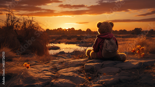 Teddy bear looking sunset.