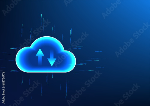 Cloud technology connected to the circuit and has an arrow inside Shows data storage and transfer from anywhere in real time. Technology Vector illustration