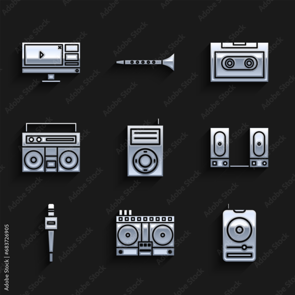 Set Music MP3 player, Stereo speaker, Microphone, Home stereo with two speakers, Retro audio cassette tape and Video recorder editor software monitor icon. Vector Set Music MP3 player, Stereo speaker, Microphone, Home stereo with two speakers, Retro audio cassette tape and Video recorder editor software monitor icon. Vector