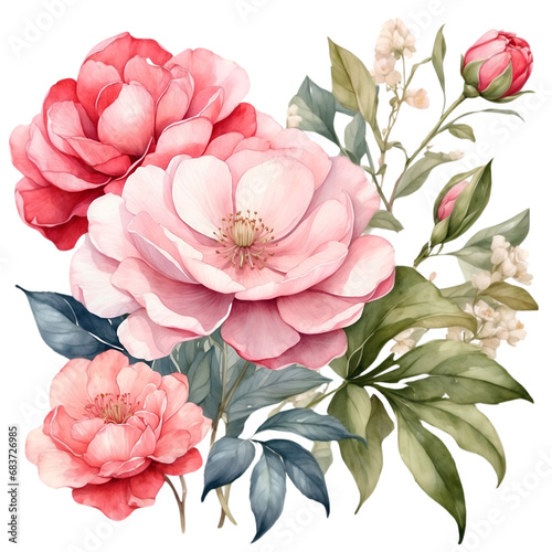 Watercolor illustration of pink arranged in a bunch. Creative graphics design. Beautiful flowers for decoration.    