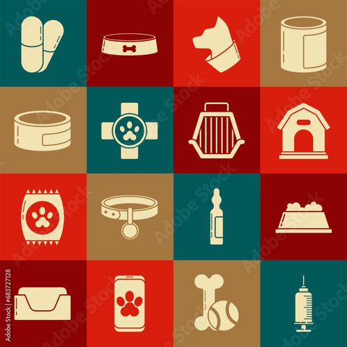 Set Syringe with pet vaccine, Pet food bowl, Dog house, Cat, Veterinary clinic symbol, Canned, and pills and carry case icon. Vector