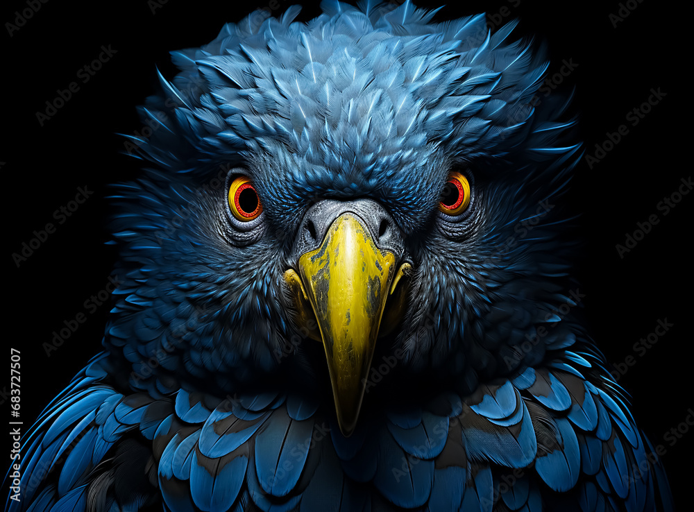 Fototapeta premium A Colorful Beautyful parrot Bird in blue and Gold Feathers, perfect closeup portrait, Dark Dramatic light.
