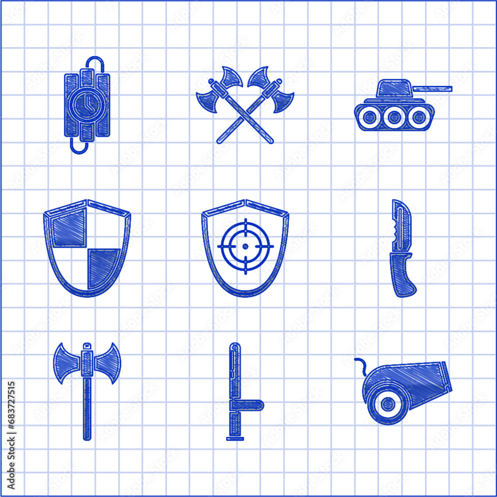 Set Target sport, Police rubber baton, Cannon, Military knife, Medieval axe, Shield, tank and dynamite stick and timer clock icon. Vector Set Target sport, Police rubber baton, Cannon, Military knife, Medieval axe, Shield, tank and dynamite stick and timer clock icon. Vector