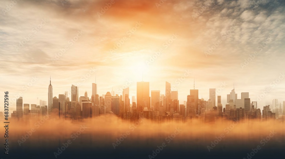 a city skyline with the sun shining through the clouds