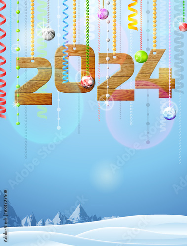 New Year 2024 of wood like christmas ornament. Winter daytime landscape with copy space. Vector illustration for new years day, christmas, winter holiday, new years eve, silvester, etc