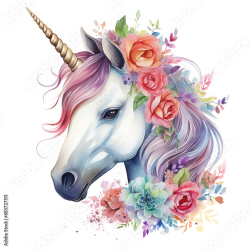 Cute colorful magic unicorn with flowers Illustration  Generative Ai