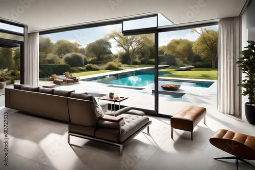 A contemporary sliding glass back door overlooking a pool and lounge area.  photo