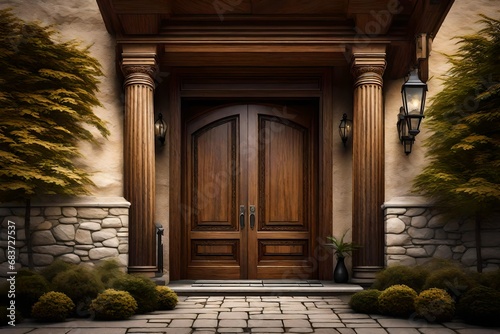 artistic view of Elegant wooden front door , and stone columns , hd 