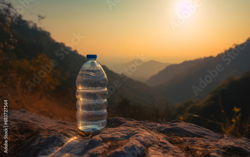 Drink water in water plastic bottle in mountains. Fresh water in plastic bottle in mountains. Mineral water in plastic bottle. Bottled Mineral.