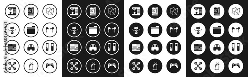 Set Neural network, Document folder, Robot, Coffee machine, Air headphones, Motherboard, Test tube and flask and Server, Data, Web Hosting icon. Vector