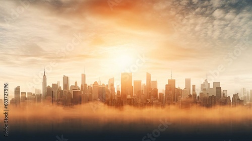 a city skyline with the sun shining through the clouds