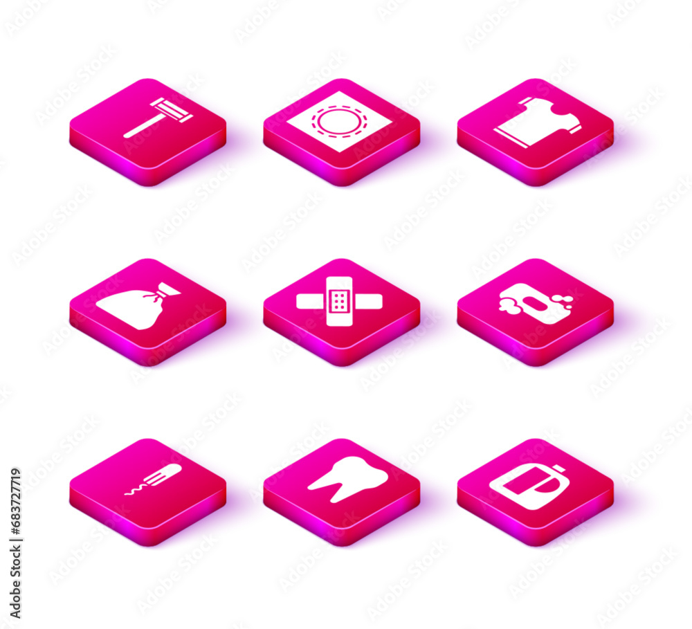 Set Sanitary tampon, Tooth, Garbage bag, Crossed bandage plaster, Bottles for cleaning agent, Bar of soap, T-shirt and Condom package safe sex icon. Vector